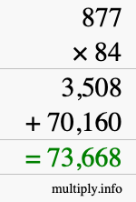 How to calculate 877 times 84 using long multiplication