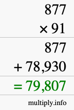 How to calculate 877 times 91 using long multiplication