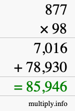 How to calculate 877 times 98 using long multiplication