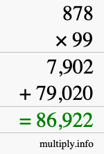 How to calculate 878 times 99 using long multiplication