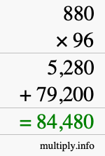 How to calculate 880 times 96 using long multiplication