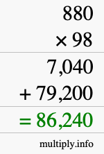How to calculate 880 times 98 using long multiplication