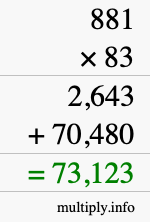 How to calculate 881 times 83 using long multiplication