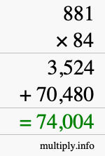 How to calculate 881 times 84 using long multiplication
