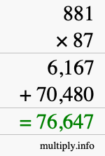 How to calculate 881 times 87 using long multiplication