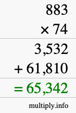 How to calculate 883 times 74 using long multiplication