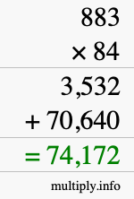 How to calculate 883 times 84 using long multiplication