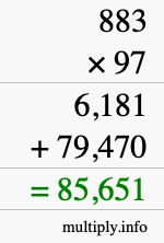 How to calculate 883 times 97 using long multiplication