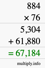How to calculate 884 times 76 using long multiplication