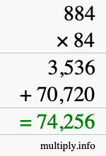 How to calculate 884 times 84 using long multiplication