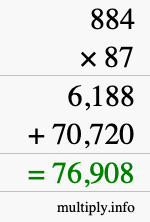 How to calculate 884 times 87 using long multiplication