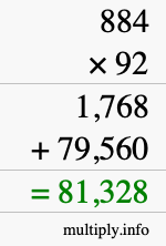 How to calculate 884 times 92 using long multiplication