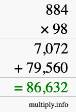 How to calculate 884 times 98 using long multiplication