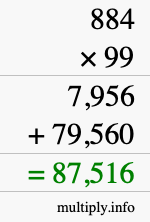 How to calculate 884 times 99 using long multiplication