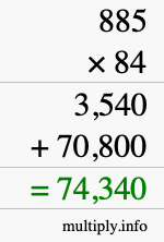 How to calculate 885 times 84 using long multiplication