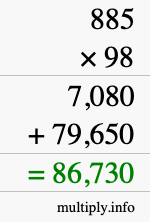 How to calculate 885 times 98 using long multiplication
