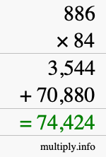 How to calculate 886 times 84 using long multiplication