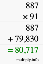 How to calculate 887 times 91 using long multiplication