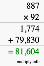 How to calculate 887 times 92 using long multiplication