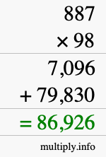 How to calculate 887 times 98 using long multiplication