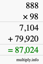 How to calculate 888 times 98 using long multiplication