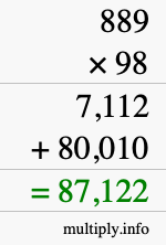 How to calculate 889 times 98 using long multiplication