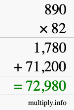 How to calculate 890 times 82 using long multiplication