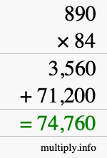 How to calculate 890 times 84 using long multiplication