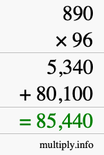 How to calculate 890 times 96 using long multiplication
