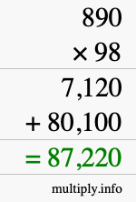 How to calculate 890 times 98 using long multiplication