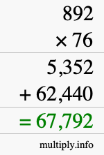 How to calculate 892 times 76 using long multiplication