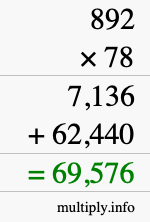 How to calculate 892 times 78 using long multiplication