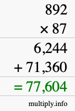 How to calculate 892 times 87 using long multiplication
