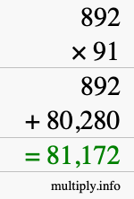 How to calculate 892 times 91 using long multiplication