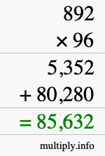 How to calculate 892 times 96 using long multiplication