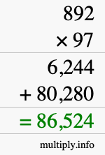 How to calculate 892 times 97 using long multiplication
