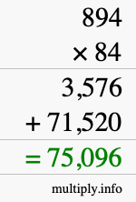 How to calculate 894 times 84 using long multiplication