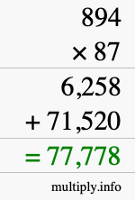 How to calculate 894 times 87 using long multiplication