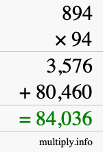 How to calculate 894 times 94 using long multiplication