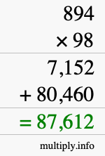 How to calculate 894 times 98 using long multiplication