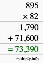 How to calculate 895 times 82 using long multiplication