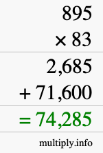 How to calculate 895 times 83 using long multiplication