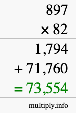 How to calculate 897 times 82 using long multiplication