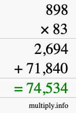 How to calculate 898 times 83 using long multiplication