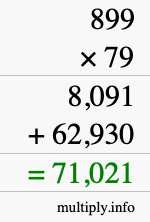 How to calculate 899 times 79 using long multiplication