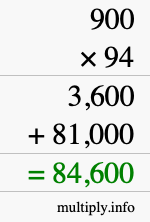 How to calculate 900 times 94 using long multiplication
