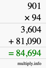 How to calculate 901 times 94 using long multiplication