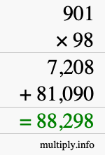 How to calculate 901 times 98 using long multiplication