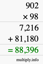 How to calculate 902 times 98 using long multiplication