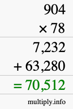 How to calculate 904 times 78 using long multiplication